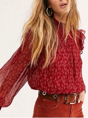 Free People Roma Smocked Boho Blouse - Berry Red Floral (Size S)